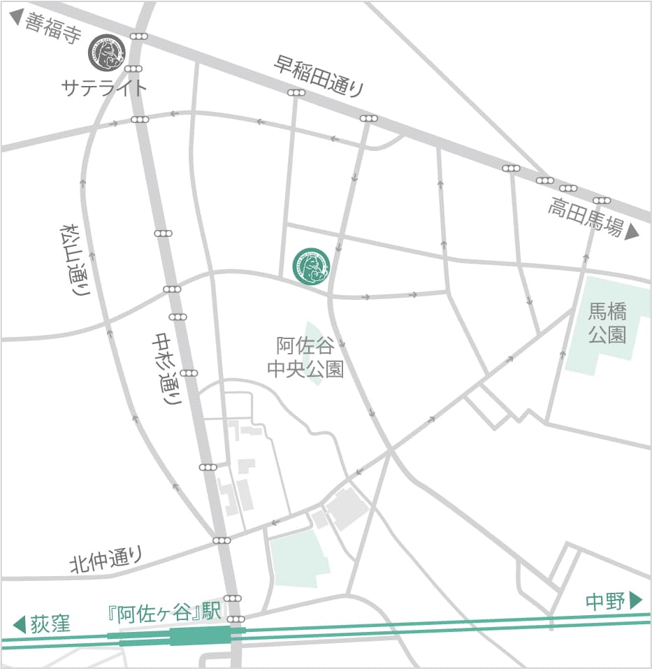 阿佐谷ペットクリニックの地図。JR阿佐ヶ谷駅から徒歩圏内、阿佐谷中央公園近くに位置。周辺には早稲田通り、中杉通りがある。